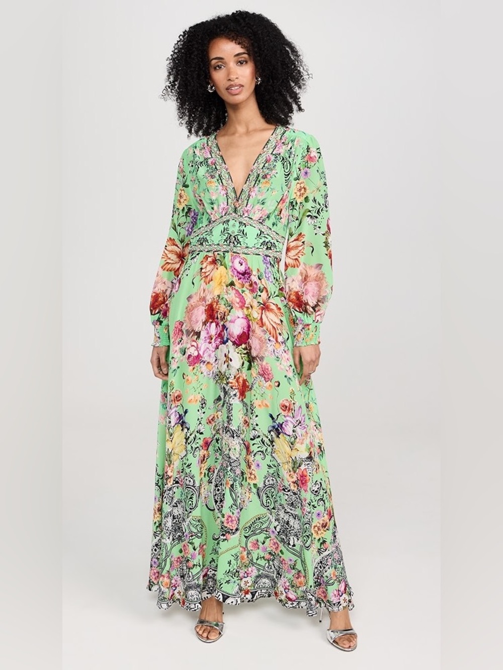 CAMILLA Long Sleeve Silk Beaded Maxi Dress in Porcelain Dream Size Small